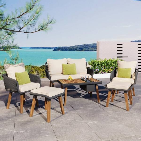 Patio Conversation Set L-Shaped Sectional, Beige Wicker, Coastal Style