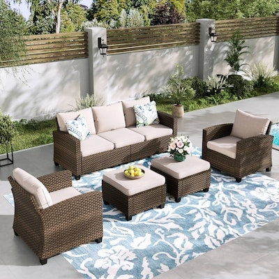 Patio Conversation Set Large Modular Gray Wicker Wood Topped Tables