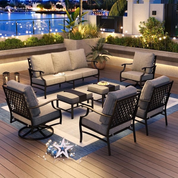 Patio Conversation Set Mesh Metal Frames Swivel Chairs Black Industrial