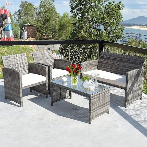 Patio Conversation Set Mixed Gray Wicker Glass Top Curved Arms Beige