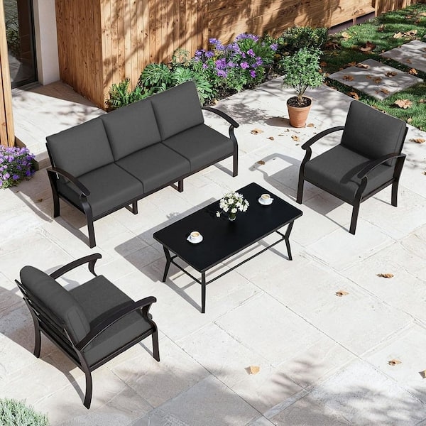 Patio Conversation Set Modern Black Set Wood Accent Arms Deep Seating