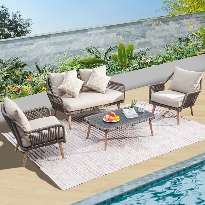 Patio Conversation Set Modern Rope Woven Set Khaki Slatted Table