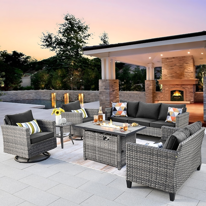 Patio Conversation Set Modular Grey Rattan Black Cushions Glass Table