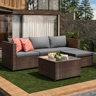 Patio Conversation Set Modular L-Shaped Wicker Espresso Gray Cushions