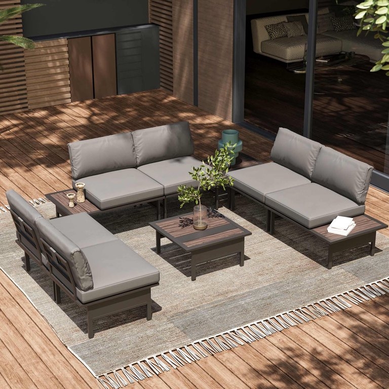 Patio Conversation Set Modular Sectional, Metal Charcoal Grey Poolside