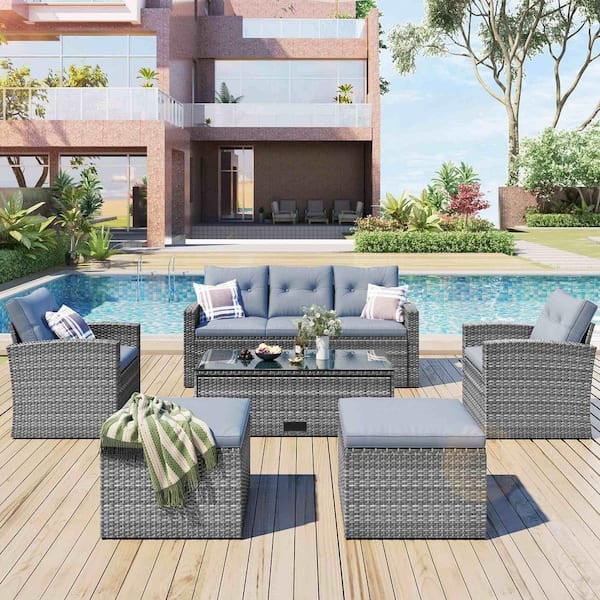 Patio Conversation Set Modular Wicker Patio Sectional Gray Glass Top