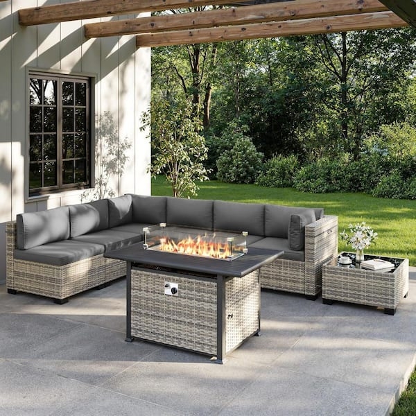 Patio Conversation Set: Modular Wicker Sectional with Fire Pit