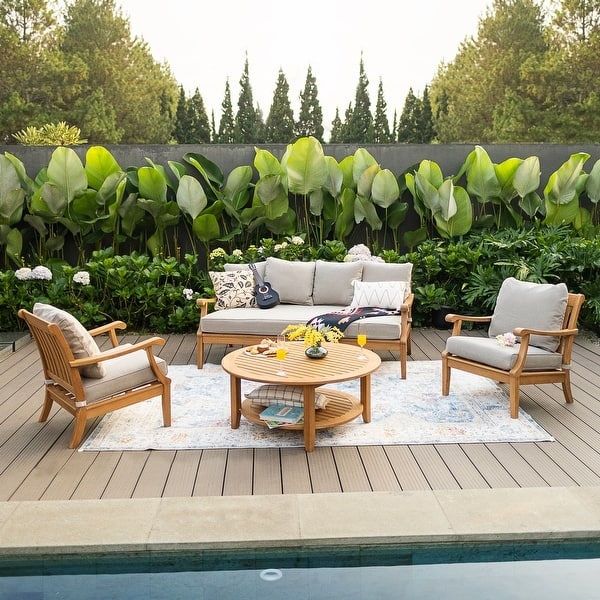 Patio Conversation Set, Navy and Teak Patio Set, X-Frame Table Design