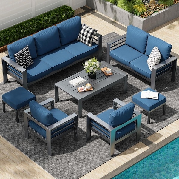 Patio Conversation Set Navy Blue Cushions Aluminum Frame Modular Layout