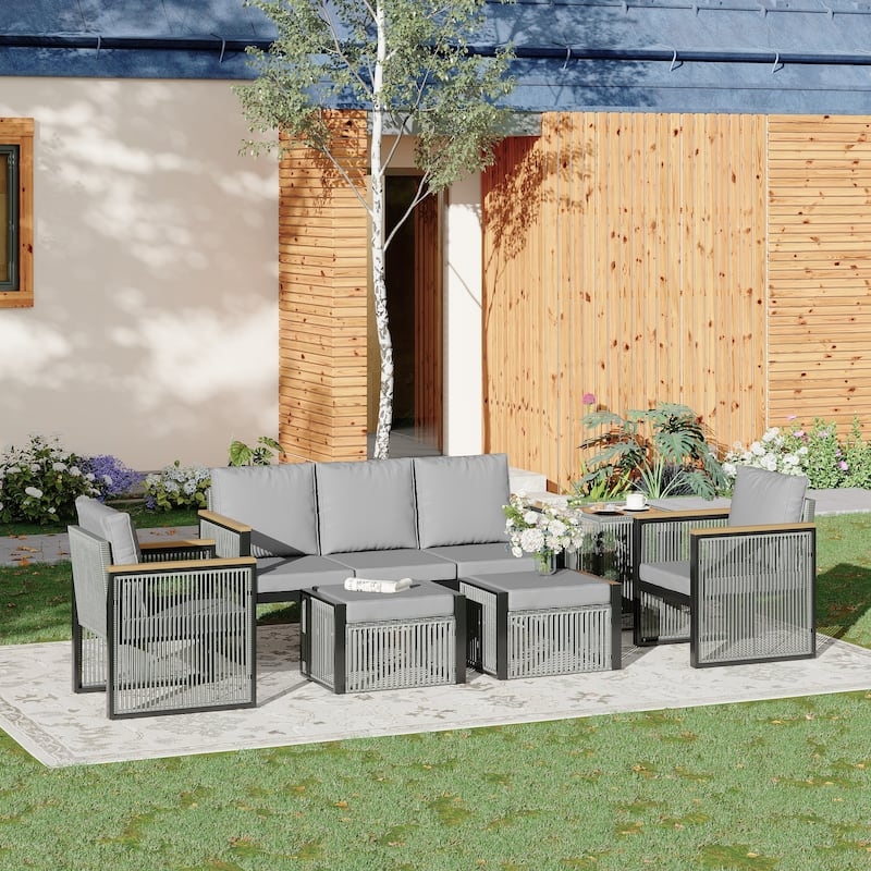 Patio Conversation Set Navy Upholstery Gray Woven Modular Coastal Layout