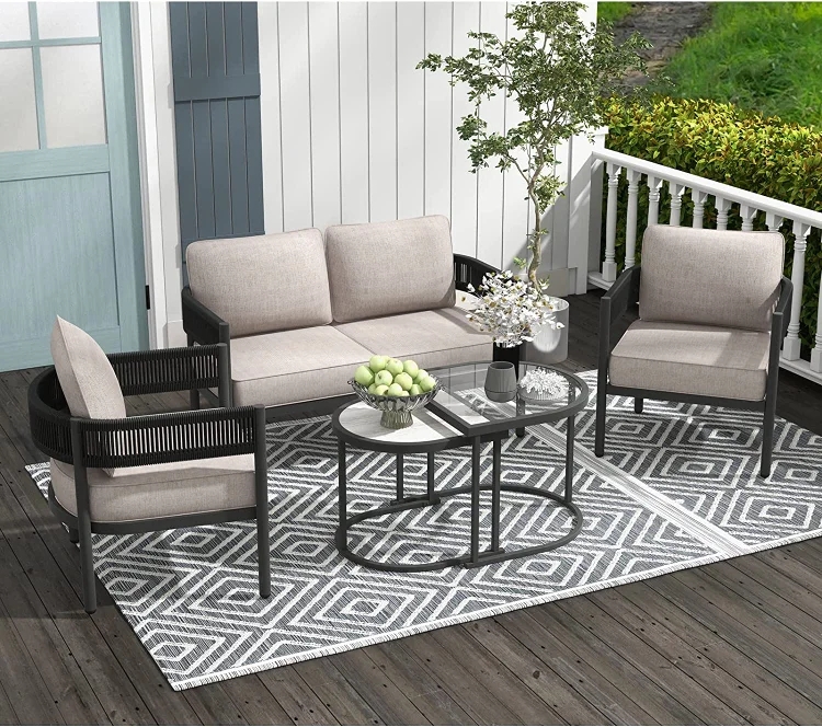 Patio Conversation Set Nesting Tables Modular Ottomans Woven Wicker Set
