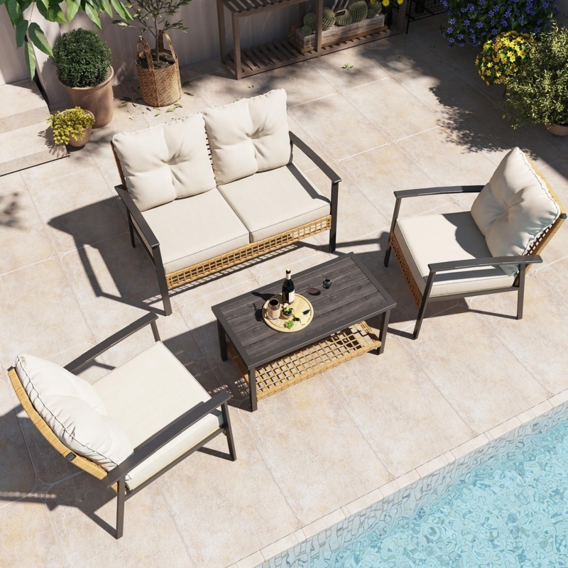 Patio Conversation Set Oversized Seating Black Metal Frame Beige Cushions