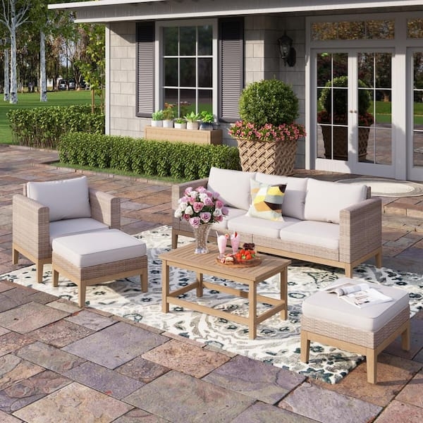 Patio Conversation Set: Rattan and Wood Mix with Acacia Table & Ottomans