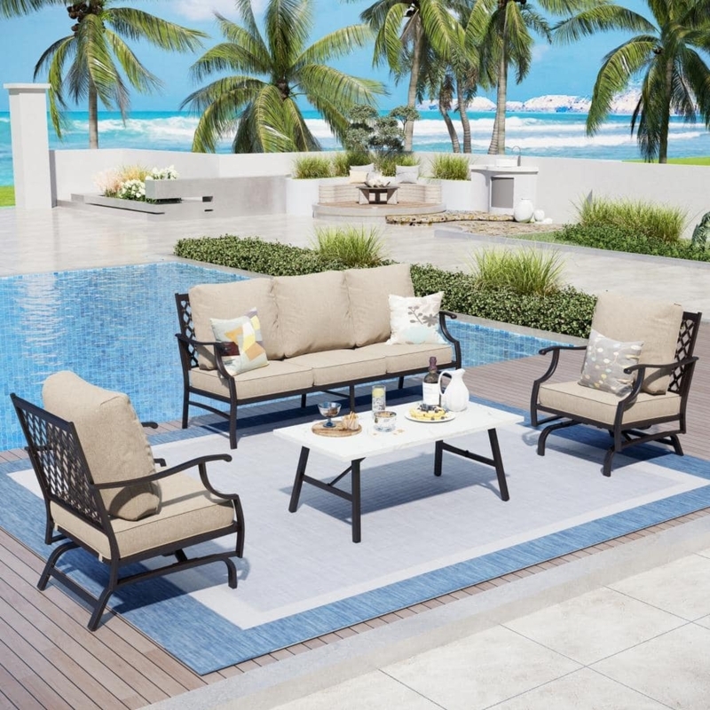 Patio Conversation Set Rocking Armchairs & Marble Pattern Table