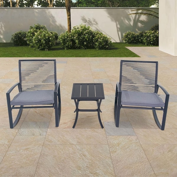 Patio Conversation Set Rocking Base, Metal Frame, Slatted Top Table, Cozy