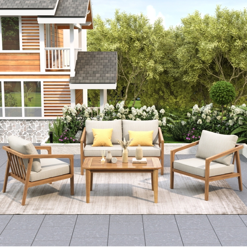 Patio Conversation Set, Scandinavian Style, Blonde Wood, Vertical Slats