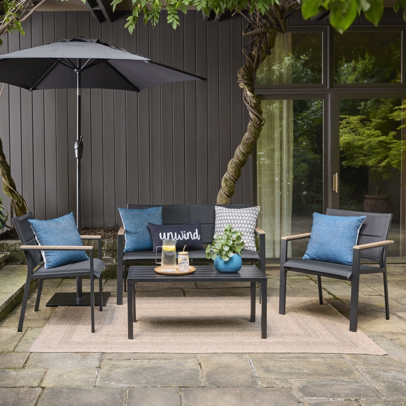 Patio Conversation Set Slatted Back Black Metal Wood Toned Accent Table