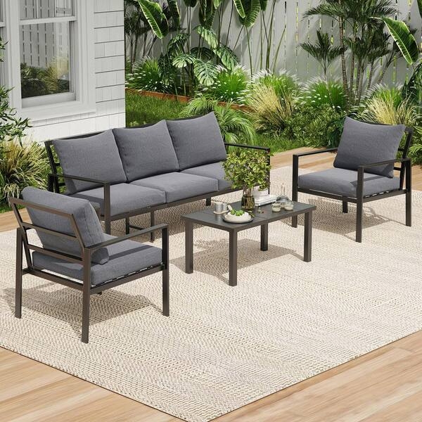 Patio Conversation Set, Slatted Metal Frame Gray Cushions Industrial