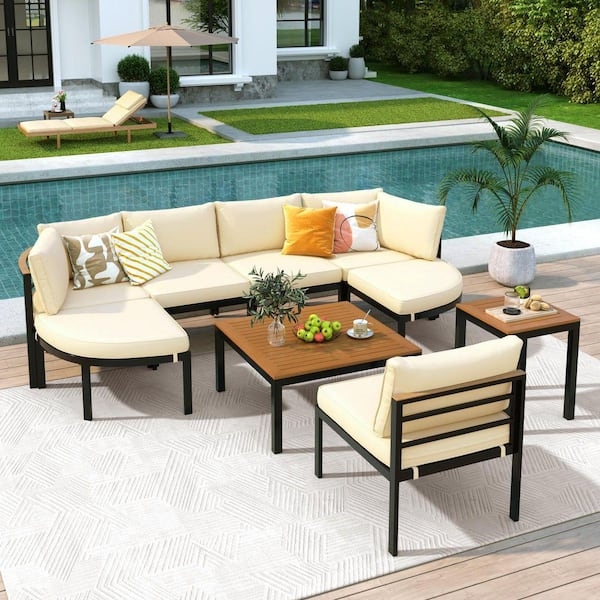 Patio Conversation Set Slatted Metal Table, Open Arms Beige 4-Piece Metal