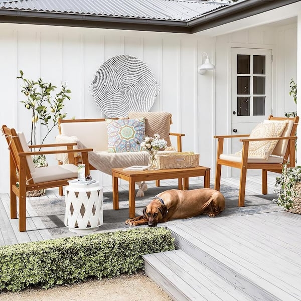 Patio Conversation Set Slatted Wood Frame Cream Box Edge Cushions