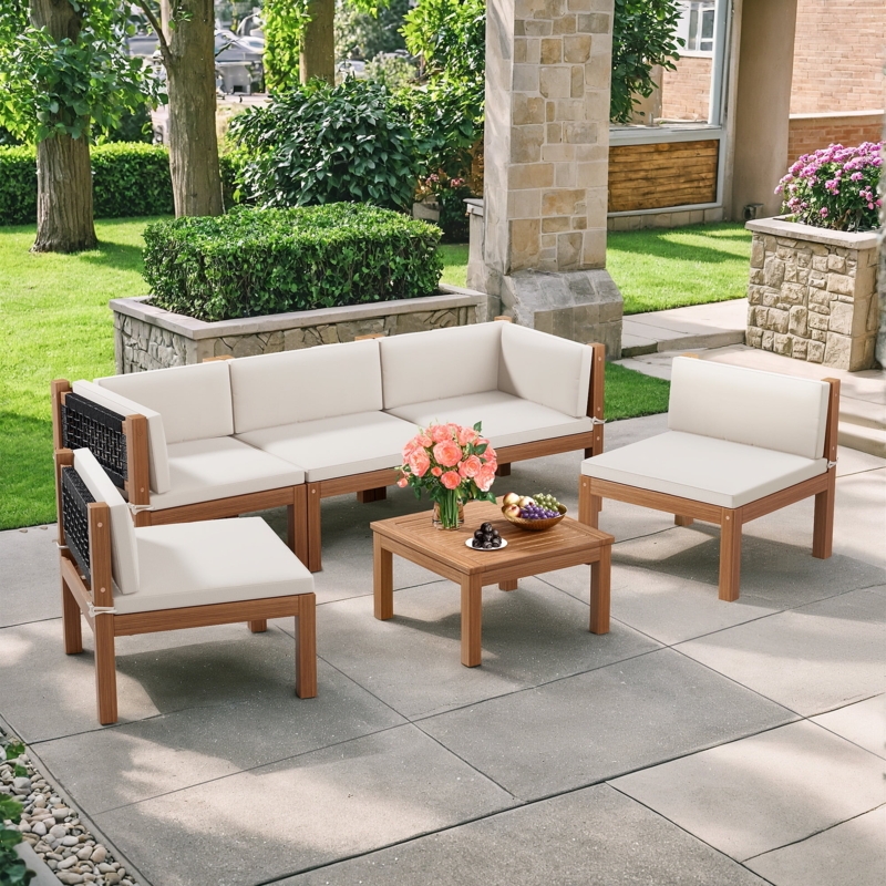 Patio Conversation Set Slatted Wood Modern Farmhouse High Contrast Palette