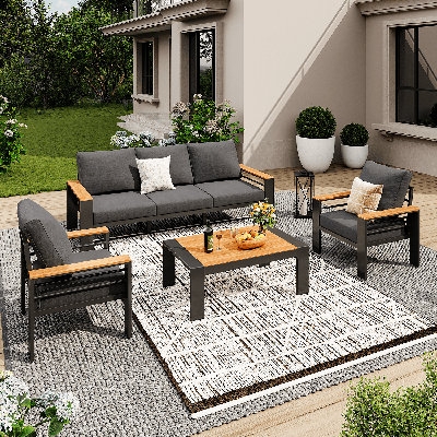 Patio Conversation Set Slatted Wood Toned Frame Gray Cushions