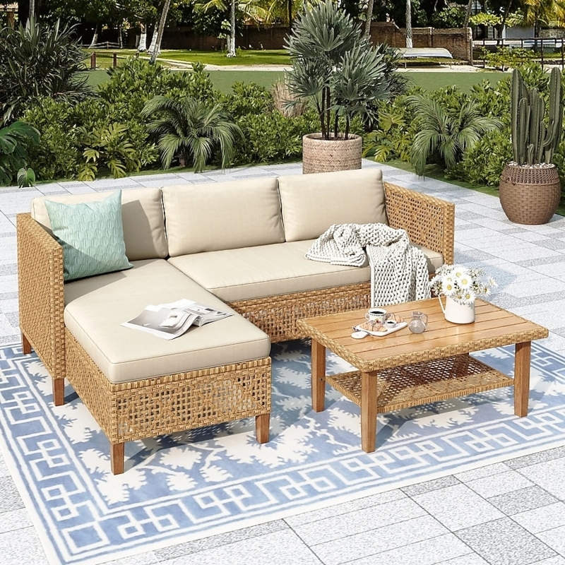 Patio Conversation Set Slender Metal Legs Woven Wicker Texture