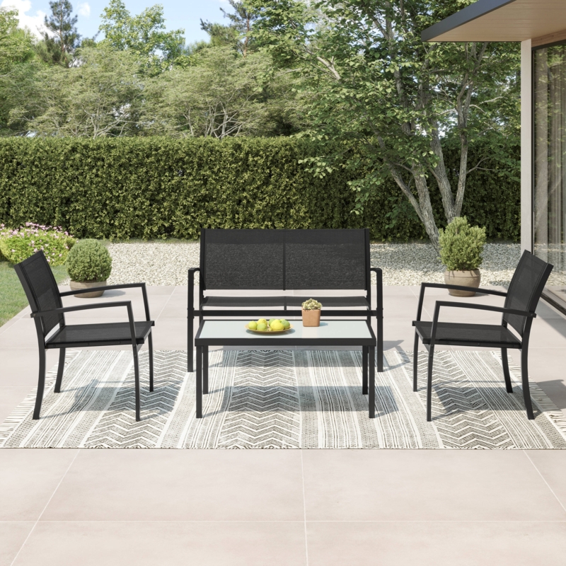 Patio Conversation Set Slim Metal Frames All-Black Slatted Table