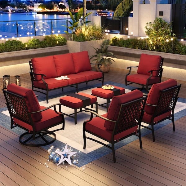 Patio Conversation Set Swivel Armchairs Black Metal Mesh Slatted Table