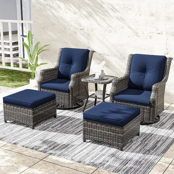 Patio Conversation Set Swivel Rocking Chairs Blue Wicker Outdoor Seating
