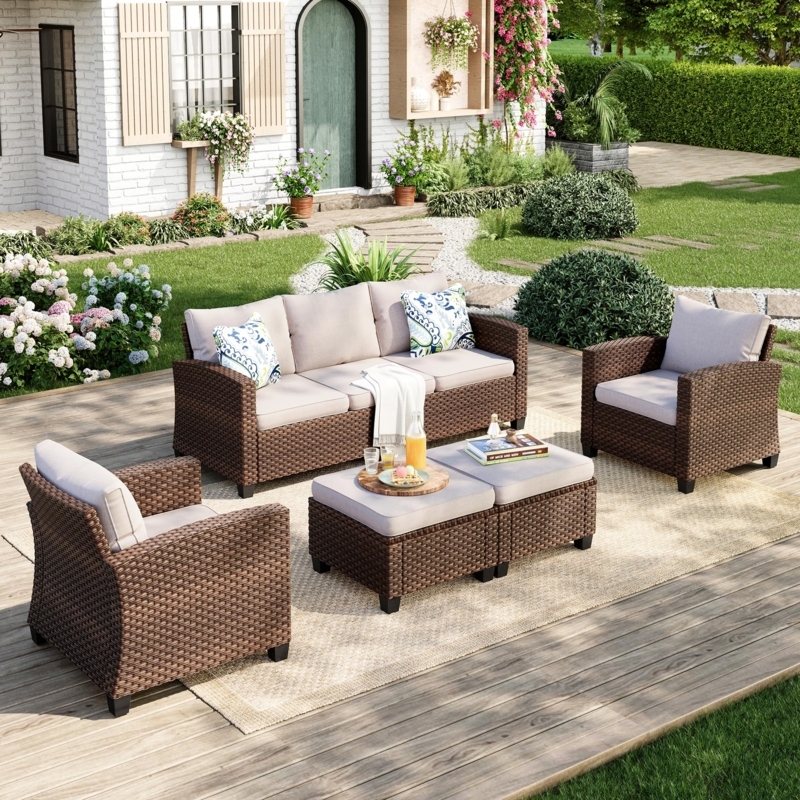 Patio Conversation Set Tapered Wood Legs Beige Wicker Boho Lounge
