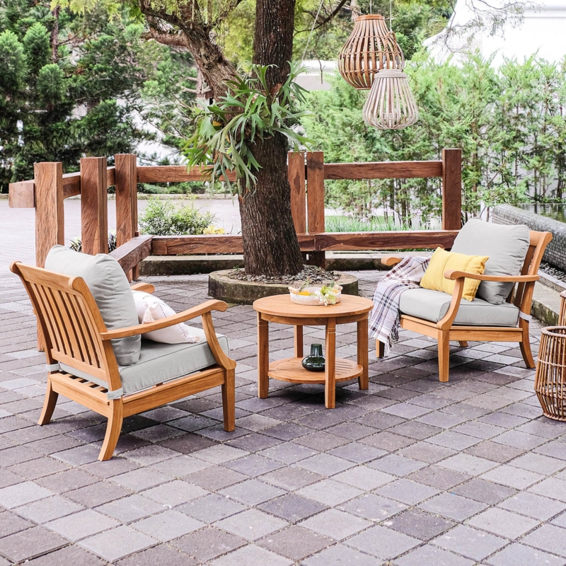 Patio Conversation Set, Teak Wood Look, Oyster Cushions, Slatted Design
