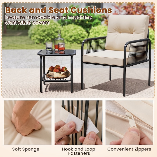 Patio Conversation Set Three Piece Set, Woven Resin Wicker, Beige Cushions