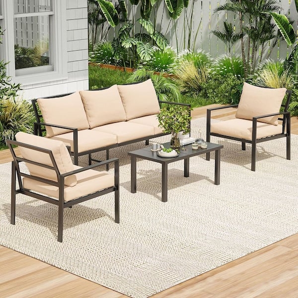 Patio Conversation Set Three Seater Sofa, Metal Beige Modern Metal Patio