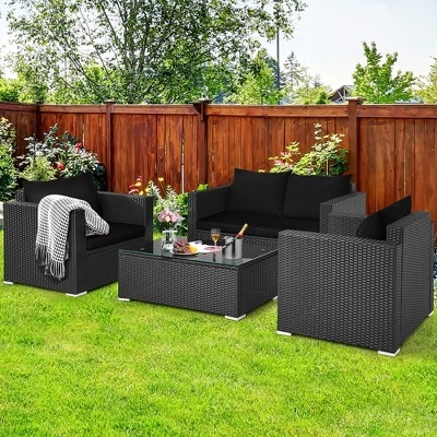 Patio Conversation Set Turquoise Cushions Black Metal Glass Top Table