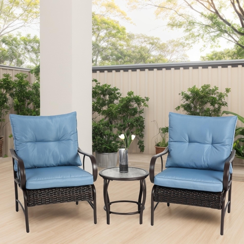 Patio Conversation Set Vibrant Blue Cushions, Woven Wicker Texture Glass
