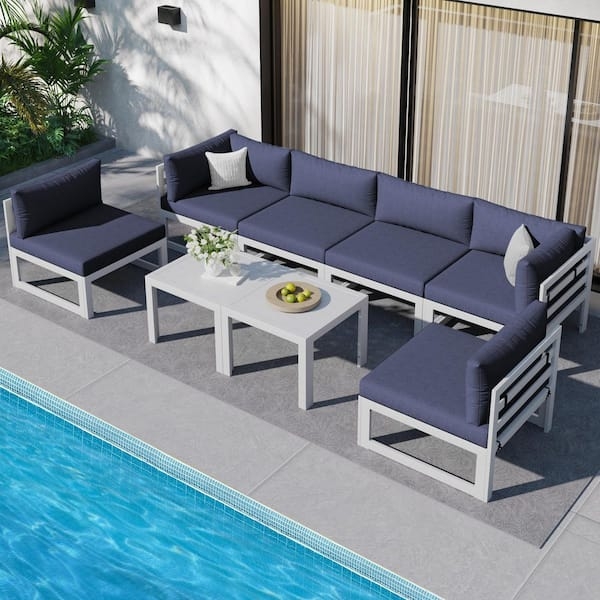 Patio Conversation Set White Aluminum Slatted Frame with Navy Cushions