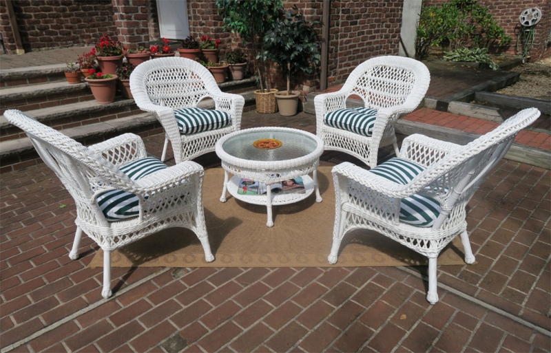 Patio Conversation Set White Wicker Aqua Cushions Coastal Porch