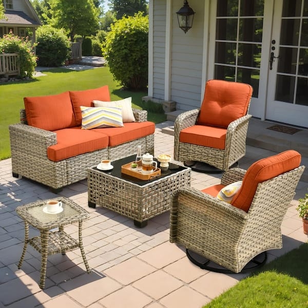 Patio Conversation Set, Wicker Swivel Chairs, Orange-Red Cushions