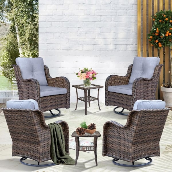 Patio Conversation Set: Wicker Swivel Rocking Mechanism Gray Cushions