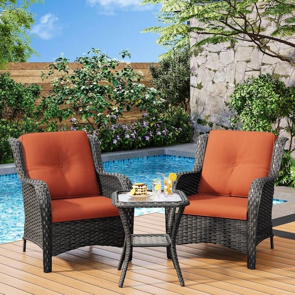 Patio Conversation Set, Wicker Texture, Burnt Orange Cushions, High Back