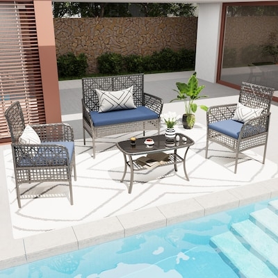 Patio Conversation Set Wicker with Red Accents and Glass Top
