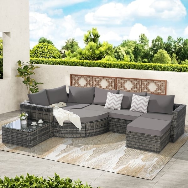 Patio Conversation Set with Integrated Fire Pit and Navy Blue Cushions