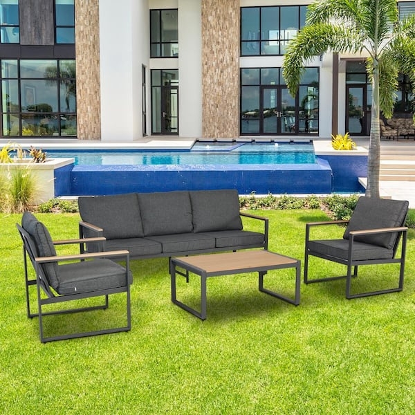 Patio Conversation Set with Wood Armrest Inlays & Charcoal Frame