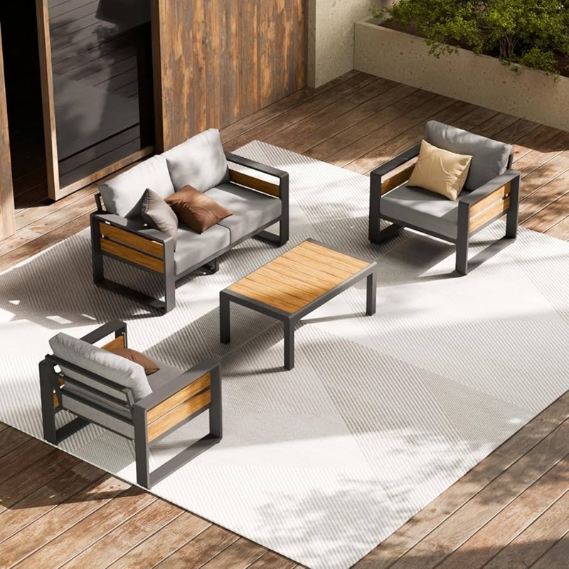Patio Conversation Set with Wood Slat Armrests, Grey Metal Poolside Seating