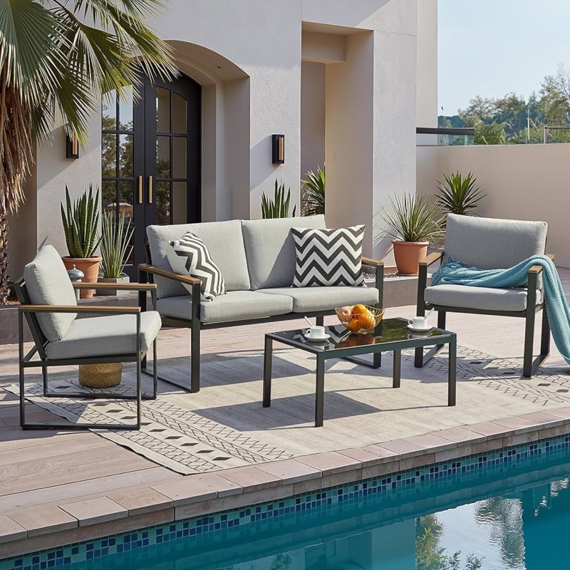 Patio Conversation Set Wood-Toned Armrests & Grey Cushions