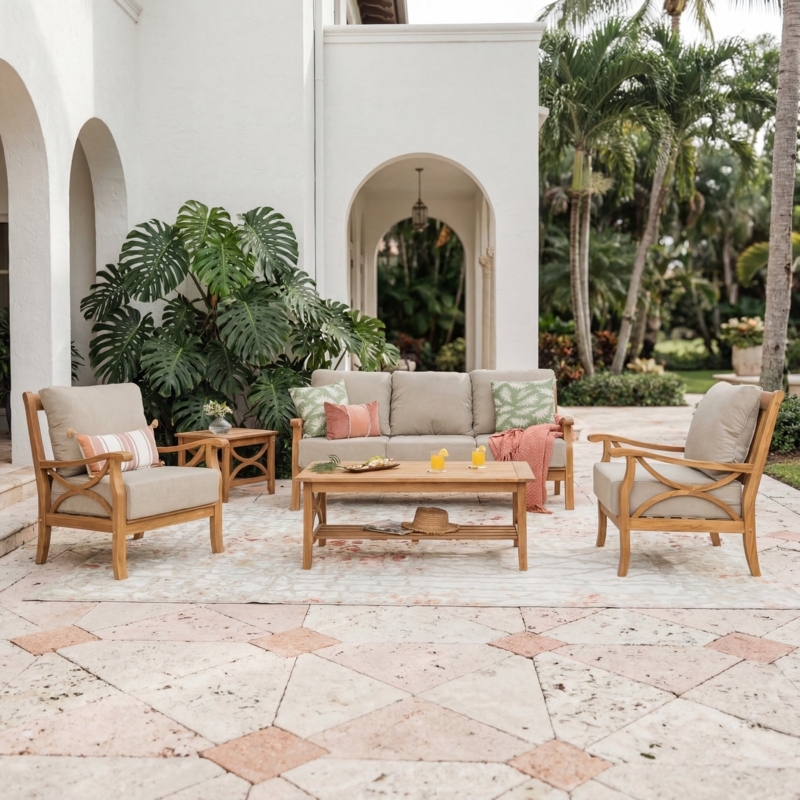 Patio Conversation Set: Wood Toned Slat Back Chairs with Matching Ottomans