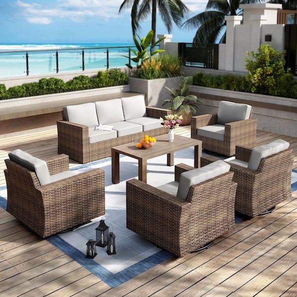 Patio Conversation Set: Wood Toned Slatted Table & Deep Woven Seating