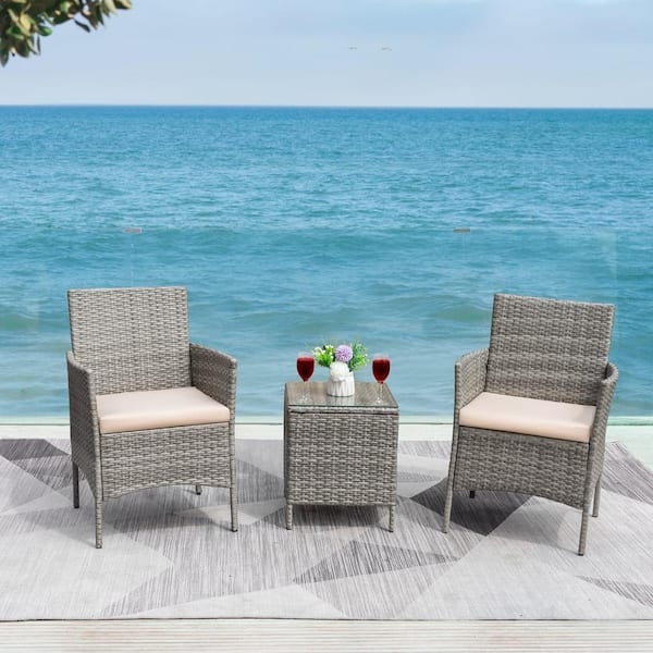 Patio Conversation Set, Woven Rattan, Gray, Beige Cushions