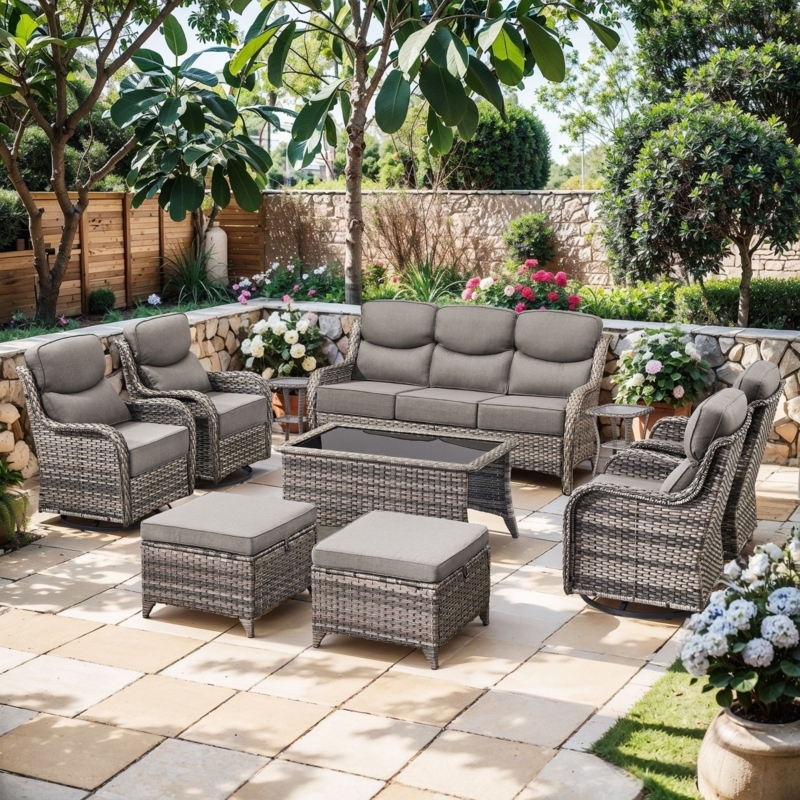 Patio Conversation Set Woven Rattan with Swivel Chairs and Cushions